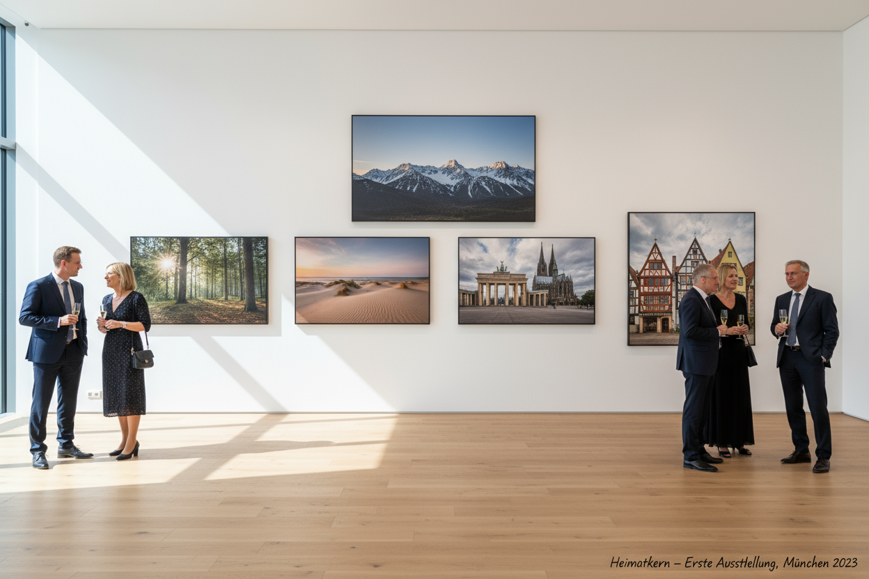 Helle, freundliche moderne Kunstgalerie, weiße Wände, heller Eichenholzboden; große gerahmte Bilder mit Deutschlandbezug (Eichenwald, Alpen, Dünen, Brandenburger Tor, Kölner Dom, Fachwerkstädte); optional elegant gekleidete Gäste mit Sekt; kein Wandtext; unten rechts eine kleine, gut lesbare HANDSCHRIFT: „Heimatkern – Erste Ausstellung, München 2023“; fotorealistisch, einladend, hohe Detailtreue
